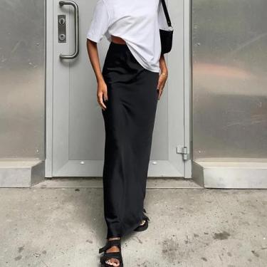Imagem de Saia Midi De Cetim De Cintura Alta Para Mulheres Moda 2024 Elegante Ve