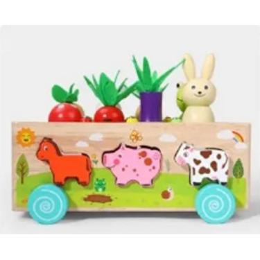 Imagem de Brinquedo de madeira, puxar, carrinho, montessoriano, animais, cogniti