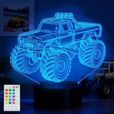 Imagem de Luz noturna Monster Truck, presentes de caminhão monstro, lâmpada de ilusão 3D com controle remoto, 16 cores RGB, 4 modos de piscar, temporizador, regulável, decoração de quarto infantil para férias