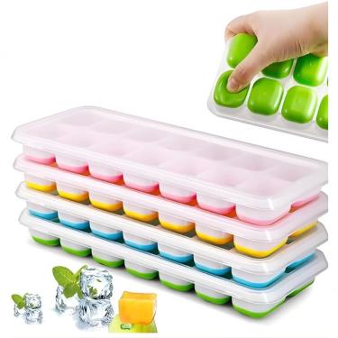Imagem de Kit 4 Formas de Gelo com Tampa 14 Cubos Cada Fundo Silicone Flexível para Alimentos e P...