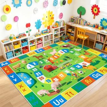 Imagem de Lacomfy ABC Tapete infantil 1,5 x 2,3 m Tapete de animais de fazenda grande tapete de sala de aula tapete de brinquedo para meninos meninas alfabeto número educacional tapete de área de aprendizagem