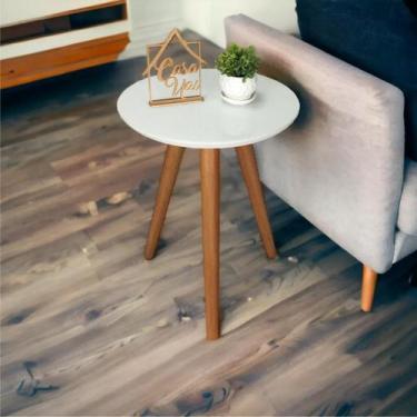 Imagem de Mesa Lateral Redonda com Vidro e Pés Palito MDF Branco Pés em Madeira 
