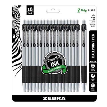 Imagem de Zebra Pen Caneta esferográfica retrátil Z-Grip Elite, barril de metal, ponta média, 1,0 mm, tinta preta, 27618, 18 unidades, pacote com 1