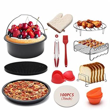 Imagem de scosao Conjunto de acessórios para fritadeira Air Fryer, 12 peças, serve para fritadeira de ar redonda de 3,5 a 5,8 litros, com forma de bolo antiaderente de 17,8 cm, forma de pizza, forro para fritadeira, suporte para espetos, papel manteiga, luvas de forno, etc