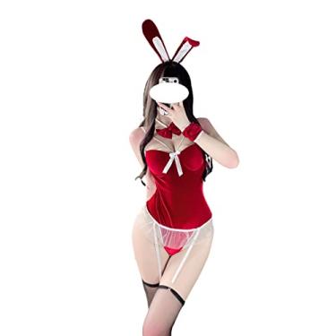 Imagem de SINMIUANIME Women Bunny Costume Bunny Anime Cosplay Lingerie One Piece Bodysuit With Sexy Socks (1156Red)