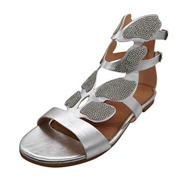 Imagem de Sandálias anabela femininas de cristal aberto sapatos baixos femininos de strass sandálias casuais de salto dedo do pé sandálias femininas da moda, Prata, 9