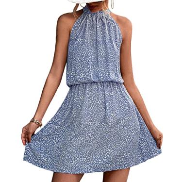 Imagem de Mini vestido casual feminino sem mangas, vestidos de praia com alças e costas sem costas, vestidos de festa boho com estampa floral(M-Azul)