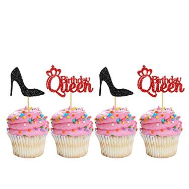 Imagem de MonMon & Craft 24 peças de topos de cupcake de aniversário rainha para mulheres meninas 1º 30º 40º festa de aniversário / decorações de cupcake de festa de princesas de revelação de gênero / vermelho e preto Glitter Mom Birthday Cupca