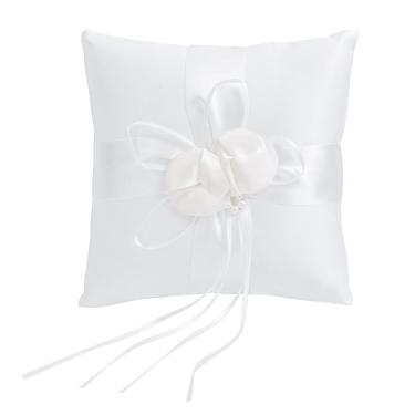 Imagem de Almofada de anel de casamento Vosárea, pingentes de flores adoráveis brancas, pérolas falsas, anel de noiva, suporte de almofada, caixa de anel de casamento, acessórios de decoração, suprimentos de 20 x 20 cm