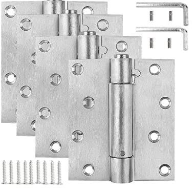 Imagem de HNBun Dobradiças de porta de fechamento automático de 10 cm x 9 cm, pacote com 4 dobradiças de mola resistentes, acabamento de níquel acetinado, dobradiças de mola interna para portas, ferragens de montagem incluídas
