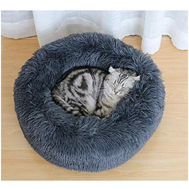 Imagem de Cama de cachorro redonda de pele sintética Donut Nesting Cave Cat Bed para gatos e cães pequenos e médios, Kitty Puppy Sofa Warm Cushion Pet Bed in Winter-Dark grey-L:70x70cm little surprise