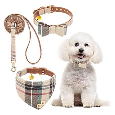 Imagem de BINGPET – Coleira para cachorro com coleira – Lindo conjunto de correia para cachorro xadrez clássico ajustável com sino, adequado para cães pequenos, filhotes e gatos ao ar livre caminhandoBINGPET S