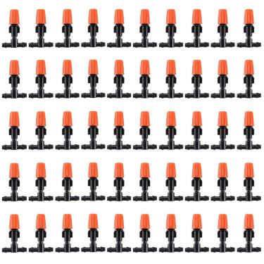 Imagem de 50 peças de microgotejadores de fluxo ajustável, cabeças de irrigação de jardim de 1/10.2 cm com 3 conectores em T para sistema de nebulização de pátio agrícola, kit de irrigação por gotejamento