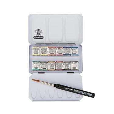 Imagem de Schmincke - Caixa de cores compacta HORADAM AQUARELL com as 12 melhores cores de aquarela, 1 pincel Davinci, 74 012 097, caixa de metal, conjunto de pintura, as melhores cores de aquarela, 12 x 1/2