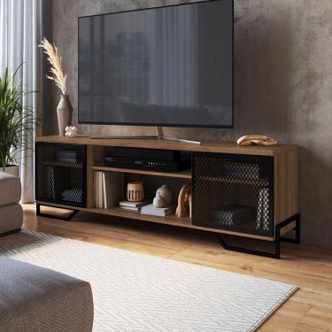 Imagem de Rack Para TV ate 60 Polegadas Estilo Industrial 180cm em MDP e Portas Teladas P1027 Preto Mel