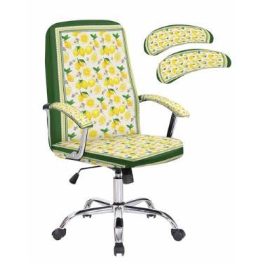 Imagem de Capa para cadeira de escritório, amarela, limão, aquarela, fruta, verão, moldura verde, capa elástica para cadeira de computador, capa removível para cadeira de escritório, 1 peça, média com capa de