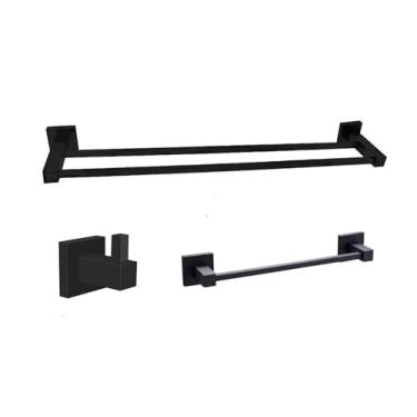 Imagem de Porta Toalha de Banho Duplo Preto Fosco + Cabide Inox Fosco + Toalheiro De Rosto 30cm Metal Black