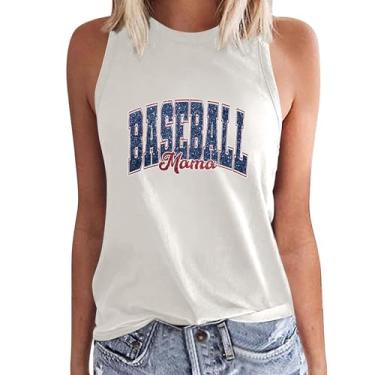 Imagem de Camiseta regata feminina de verão com estampa de letras de beisebol, gola redonda, sem mangas, caimento solto, túnica casual, Branco, P