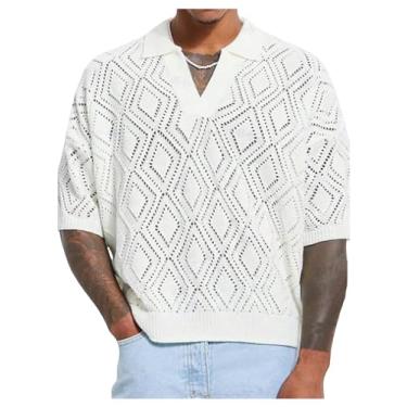 Imagem de RoseSeek Suéter masculino leve, manga curta, gola vazada, gola V, crochê, pulôver de malha, Branco, G