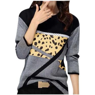 Imagem de Homisy Camisa feminina de manga comprida com estampa de leopardo, casual, patchwork, elegante, caimento solto, túnica, moda primavera, Cinza, P