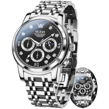 Imagem de OLEVS Relógio masculino com cronógrafo, relógio masculino de aço inoxidável, mostrador grande, à prova d'água, de luxo, analógico, quartzo, para homens, 2889 - prata, preto, round, Relógio de negócios