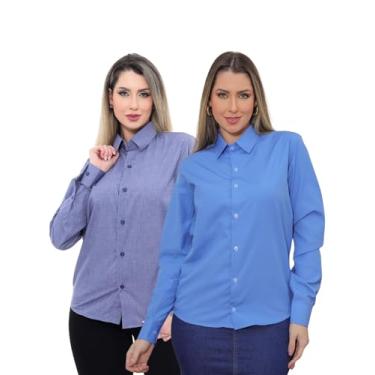 Imagem de Pthirillo, KIT Feminino 2 Peças - Camisa Social Premium Tipo Linho Azul Cobalto e Camisa Social Slim Azul Tamanho:XGG