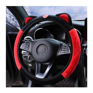 Imagem de Bittwee Capa de volante de carro, pelúcia macia fofa para o inverno quente, protetor de volante fofo com orelhas de gatinho, universal 38 cm, elástico e antiderrapante, acessórios de carro de decoração adorável (preto/vermelho)
