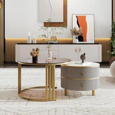 Imagem de Mesas de centro redondas de MDF 2 em 1, ninho de mesas branco com tampo de mármore brilhante e 2 gavetas, mesa de centro branca e dourada, 70x70x46+50x50x40 cm, ouro e cinza e vidro
