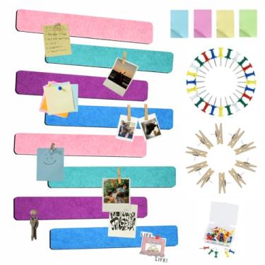 Imagem de Vuzvuv 8 tiras de barra de quadro de avisos com 50 pinos e 10 pinos de clipe de madeira, placa de cortiça autoadesiva para parede, placa de feltro para escola, decoração de escritório (verde, azul