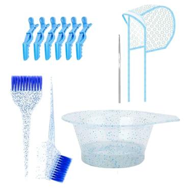 Imagem de Kit de coloração de cabelo com 11 peças, kit de tingimento de coloração de cabelo profissional azul para salão de beleza, conjunto de escova e tigela, kit profissional de coloração de cabelo para
