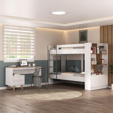 Imagem de Quarto Juvenil completo Zest com Beliche e Escrivaninha 2 Gavetas Branco/Nogal