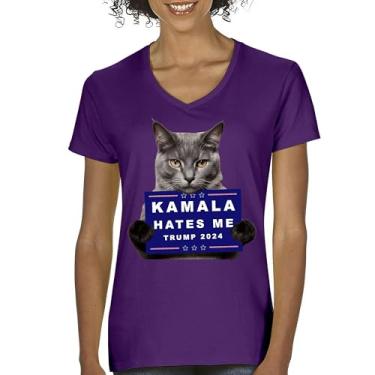 Imagem de Camiseta feminina Kamala Hates Me Trump 2024 gola V engraçada gato republicano animal de estimação anti Harris Vote vermelho MAGA Kitten 47 camiseta luta, Roxa, XGG