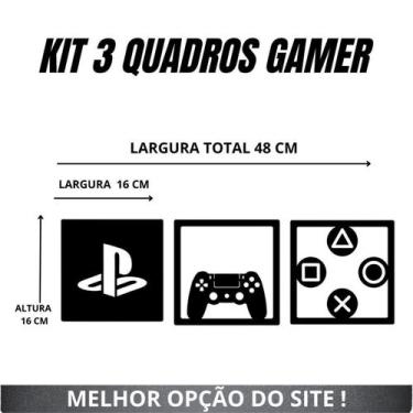 Imagem de Kit 3 Quadros Vados Gamer Jogos Geek Play Mdf Preto - Viza 3D Games
