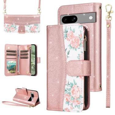 Imagem de Furiet Capa carteira floral para Google Pixel 7A 5G 2023 com fecho de correr e alça de ombro, suporte de cartão de couro PU com glitter de luxo para Pixel7A A7 mulher ouro rosa