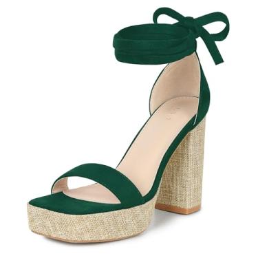 Imagem de Allegra K Sandálias femininas plataforma bico quadrado salto grosso com cadarço, Verde esmeralda, 38