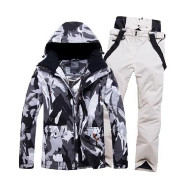 Imagem de Conjunto Adulto De Fatos De Esqui, Masculino Inverno Quente Na Moda Com Capuz Fatos De Esqui Conjunto Jaqueta E Calças, Casaco De Neve Com Capuz À Prova De Vento Impermeável Inverno(Black beige,X-Larg