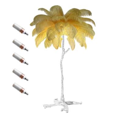 Imagem de Luminária de pé de luxo com pena de avestruz natural com 3 lâmpadas de LED E14 de temperatura de cor, poste dourado e luz de base para decoração