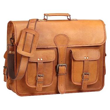 Imagem de Bolsa carteiro vintage de couro genuíno de 45,7 cm - estilo pasta masculina, Bronzeado, 18 Inches, Bolsa carteiro