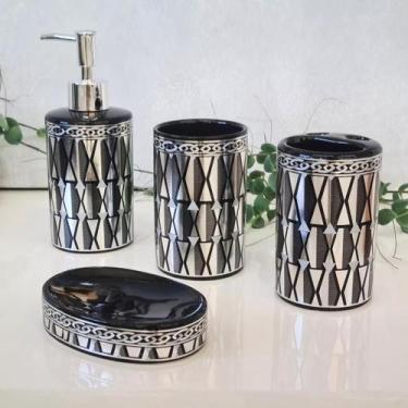 Imagem de Kit Banheiro Luxo Prata Lavabo 4 Peças Porta Sab Liquído Escova - Vach