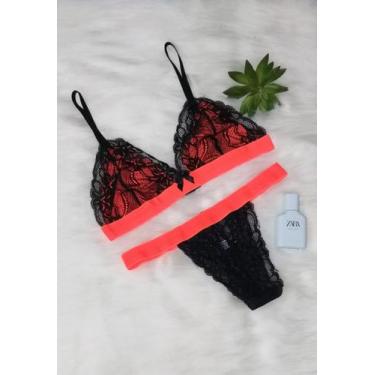Imagem de Conjunto Calcinha e Sutiã em Renda sem bojo com Elástico Neon - Mix Li