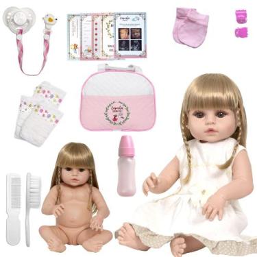 Imagem de Bebe Tipo Reborn Cabelo Longo Loira Com Bolsa Maternidade - Cegonha Re