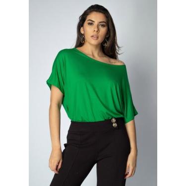 Imagem de Blusa Básica Morcego Malha Gola Canoa Manga Curta Verde Light - Amazon
