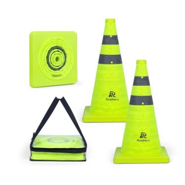 Imagem de RoadHero Pacote com 2 Cones de Segurança de Trânsito Dobráveis de 18", Cones Pop-Up Verde-Limão com Colar Refletivo para Segurança No Trânsito, Treinamento de Direção, Estacionamentos