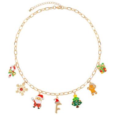 Imagem de NEKOL Colar feminino com pingente de letra F com inicial de Natal, chapéu de Papai Noel, pingente colorido com tema natalino, joias de festa de Natal, presentes, Metal, Sem Pedra Preciosa