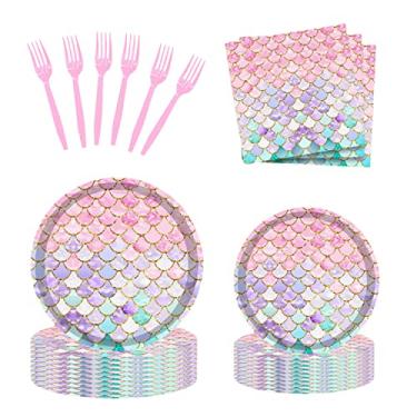 Imagem de Conjunto de pratos e guardanapos para festa de aniversário de sereia com 96 peças para 24 convidados, decorações de festa de sereia do oceano sob o mar, garfo, guardanapos para chá de bebê e princesas