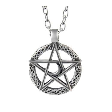Imagem de Blowin Colar vintage com pingente de pentagrama pentagrama lua crescente de aço inoxidável para homens e mulheres, corrente de 61 cm (prata)