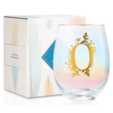 Imagem de Onebttl Presentes de vinho personalizados para mulheres, taça de vinho sem haste fofa com iniciais, presentes de monograma para amantes de vinho em aniversários de Natal, O