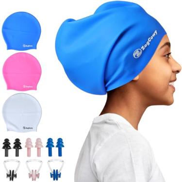 Imagem de Touca de natação infantil extra grande para tranças e dreadlocks, silicone à prova d'água, touca de natação para manter o cabelo seco para crianças, crianças, jovens, meninas, banho, piscina, pacote