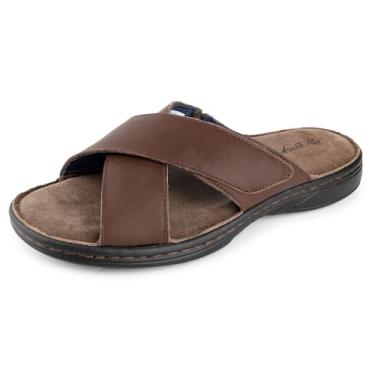 Imagem de TIESTRA Sandálias masculinas de couro Napa, sandálias sociais macias com palmilha de espuma viscoelástica, confortável e leve para o verão, praia, uso interno e externo, calçado casual, Marrom