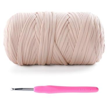 Imagem de Fio de camiseta para crochê - 400 g/130 m para sacos de crochê/cestas/decoração de casa - fio de camiseta de tecido elástico macio com 1 gancho de crochê (1, bege)